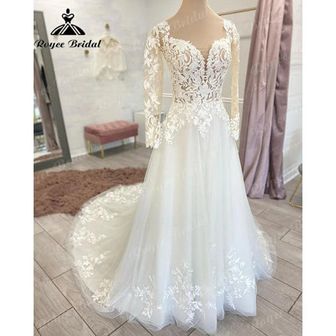 Vintage Boho Spitze Langarm Offenes Rücken Hochzeitskleid für Frauen 2024 Applikationen Hochzeitskleid mit V-Ausschnitt Brautkleid Maßanfertigung 