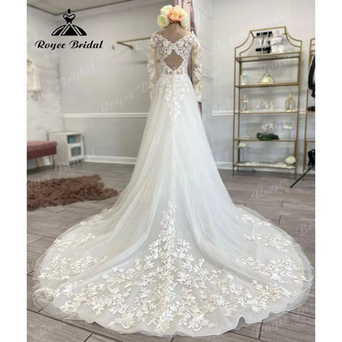 Vintage Boho Spitze Langarm Offenes Rücken Hochzeitskleid für Frauen 2024 Applikationen Hochzeitskleid mit V-Ausschnitt Brautkleid Maßanfertigung 