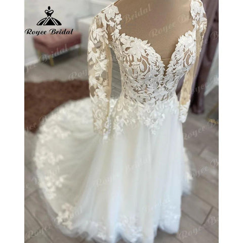 Vintage Boho Spitze Langarm Offenes Rücken Hochzeitskleid für Frauen 2024 Applikationen Hochzeitskleid mit V-Ausschnitt Brautkleid Maßanfertigung 