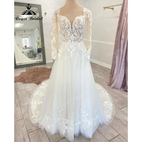 Vintage Boho Spitze Langarm Offenes Rücken Hochzeitskleid für Frauen 2024 Applikationen Hochzeitskleid mit V-Ausschnitt Brautkleid Maßanfertigung 