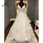 Vestido de novia vintage bohemio NumberSea con escote en V, corpiño de encaje y espalda abierta, corte A, tirantes finos, estilo playero, para boda civil, 2025