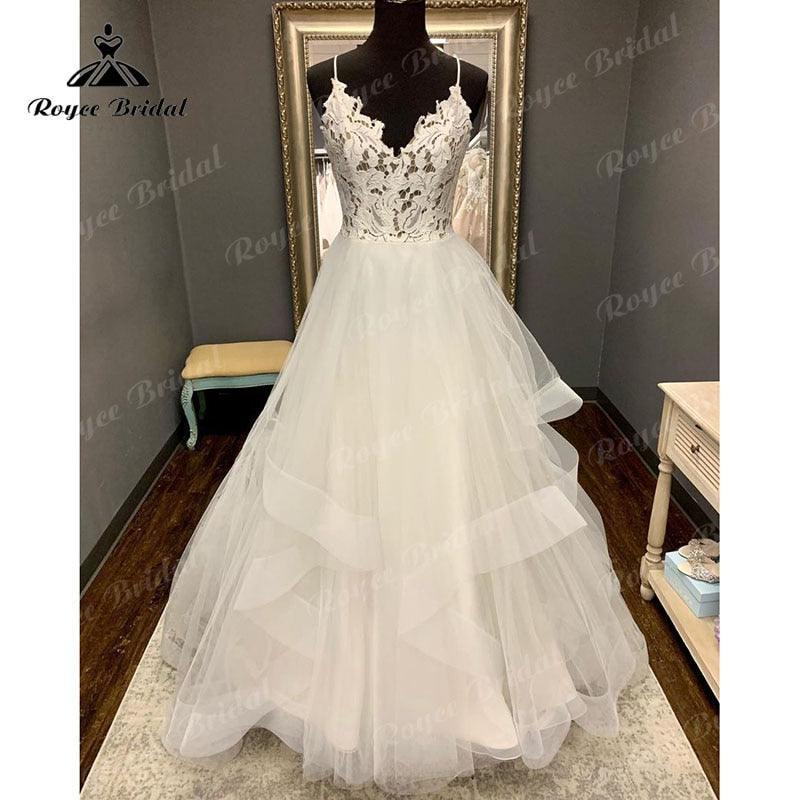NumberSea Vintage Boho V Neck Lace Bodice Open Back A Line Wedding Dress Spaghetti Straps Beach Robe Civil Bridal Wedidng Gowns 2025