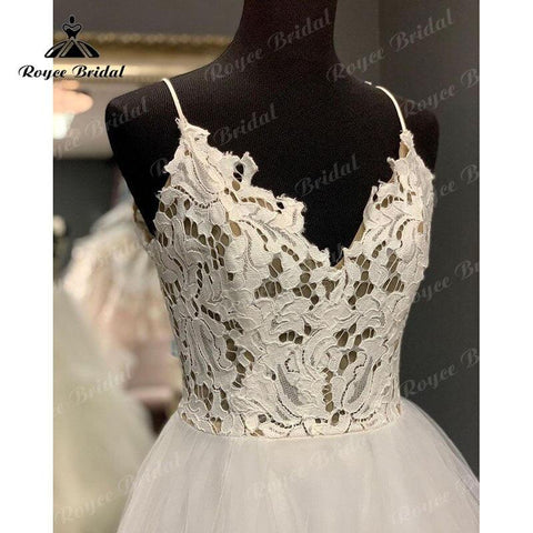 NumberSea Vintage Boho V Neck Lace Bodice Open Back A Line Wedding Dress Spaghetti Straps Beach Robe Civil Bridal Wedidng Gowns 2025
