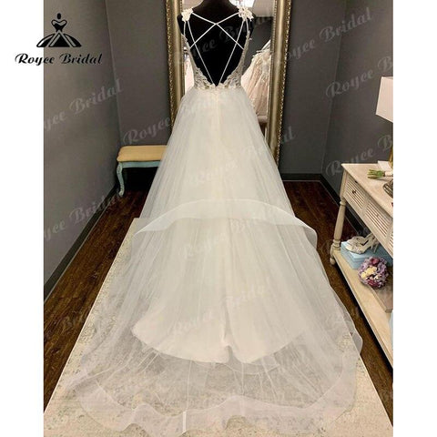 NumberSea Vintage Boho V Neck Lace Bodice Open Back A Line Wedding Dress Spaghetti Straps Beach Robe Civil Bridal Wedidng Gowns 2025