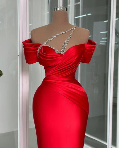 Vintage Column Off-the-shoulder Short Sleeve Beading Satin Prom Dresses