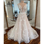 Vintage Deep V Neck Lace Applique A Line Beach Women Wedding Dress  Birdal Gown Custom Made vestido de casamento NumberSea