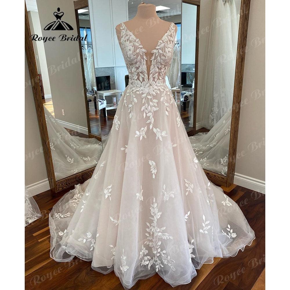 Vestido de novia vintage de corte A con escote en V profundo y apliques de encaje para mujer, vestido de novia de playa 2025, vestido Birdal hecho a medida, vestido de casamento NumberSea