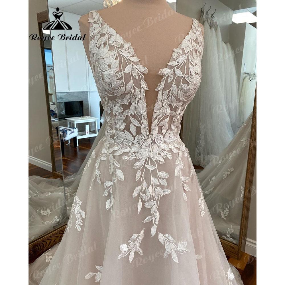 Vestido de novia vintage de corte A con escote en V profundo y apliques de encaje para mujer, vestido de novia de playa 2025, vestido Birdal hecho a medida, vestido de casamento NumberSea
