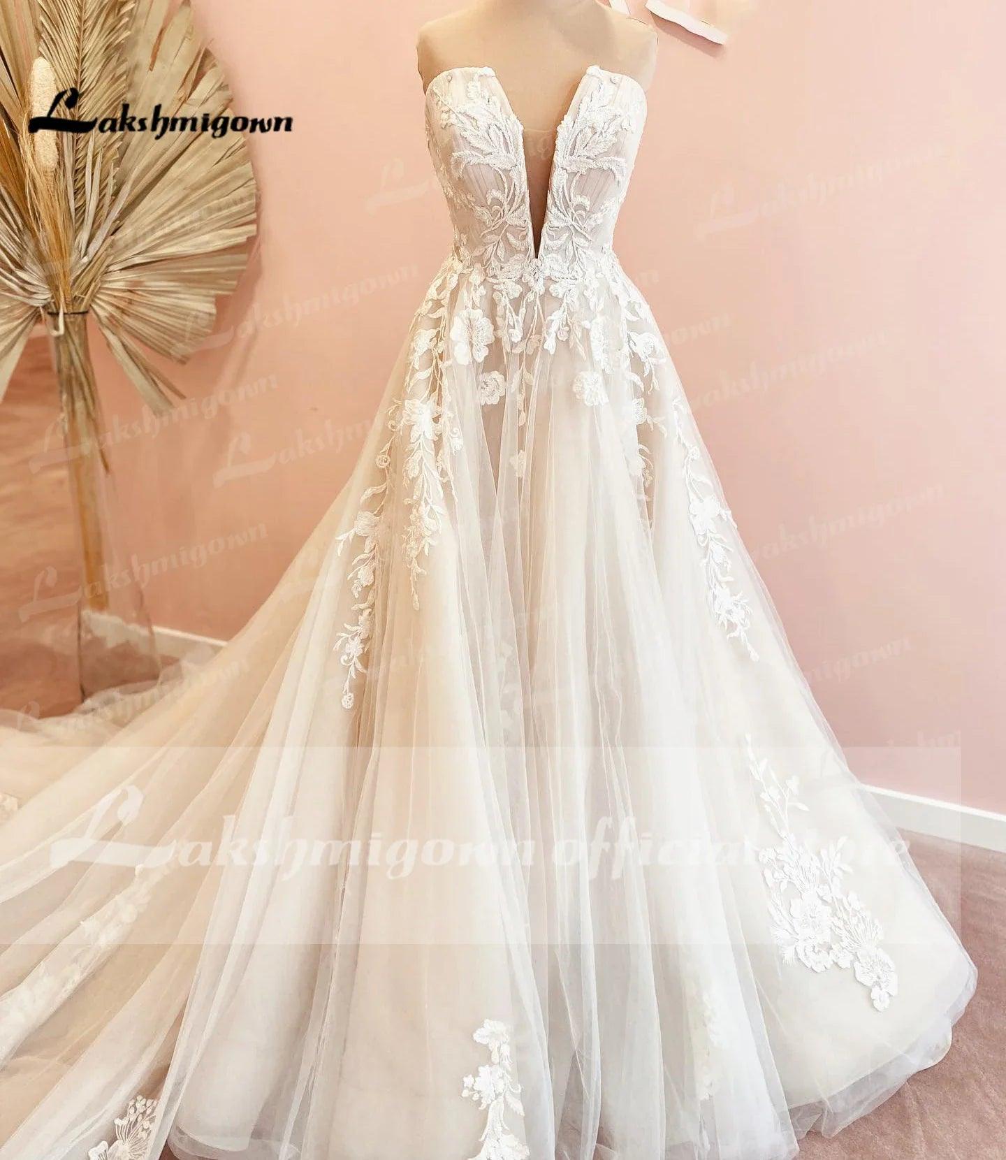 Vestidos de novia vintage con escote en V profundo, vestido de novia con apliques de encaje, corte A, espalda abierta, cola larga, vestido de novia 
