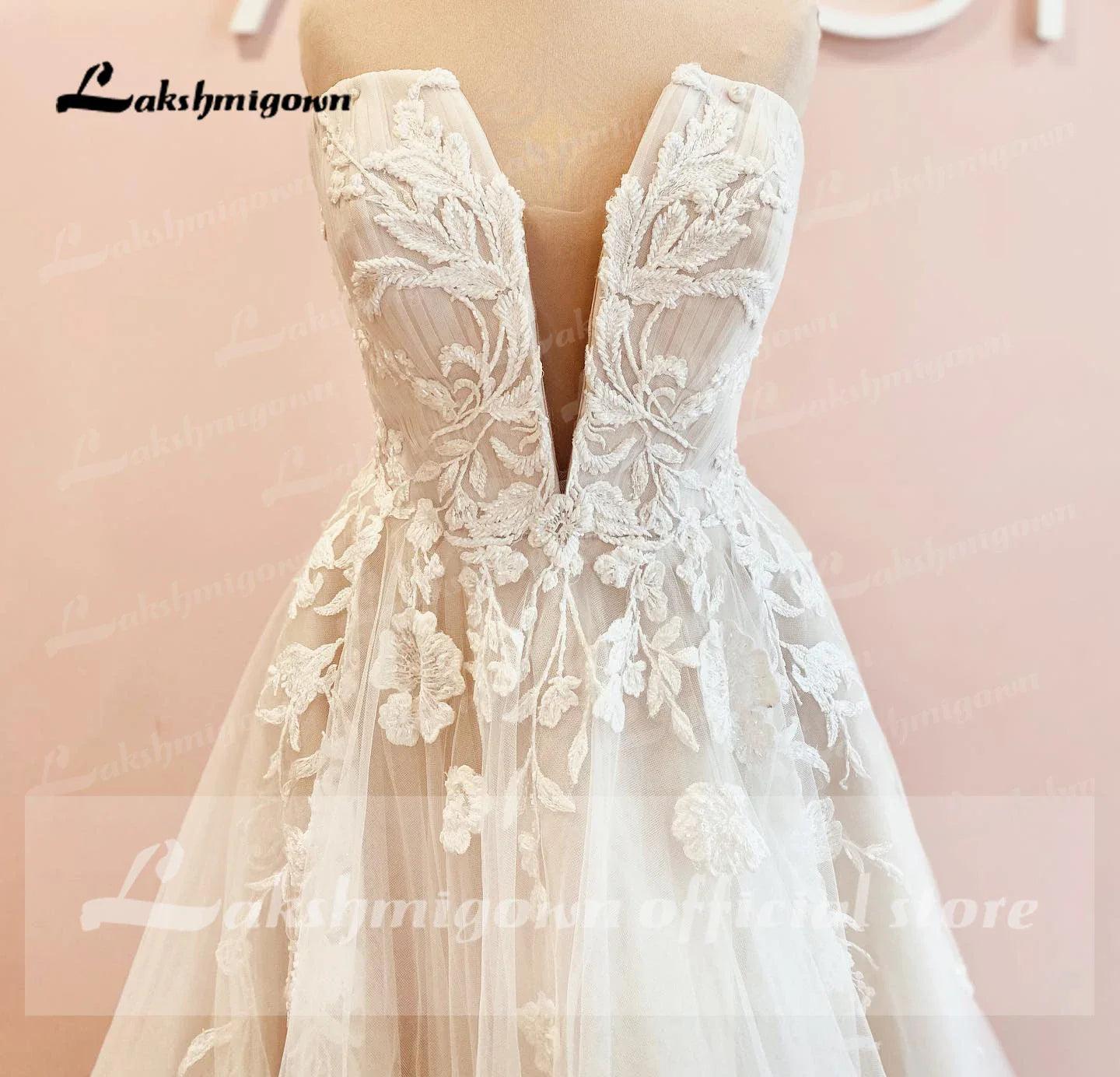 Vestidos de novia vintage con escote en V profundo, vestido de novia con apliques de encaje, corte A, espalda abierta, cola larga, vestido de novia 
