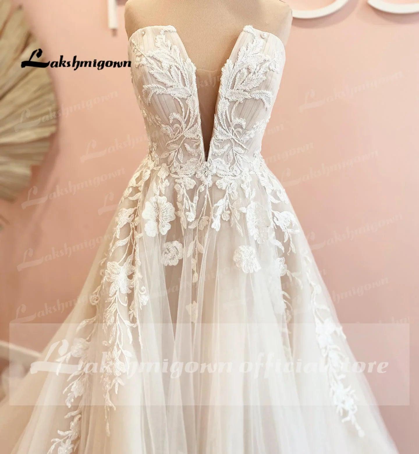 Vestidos de novia vintage con escote en V profundo, vestido de novia con apliques de encaje, corte A, espalda abierta, cola larga, vestido de novia 