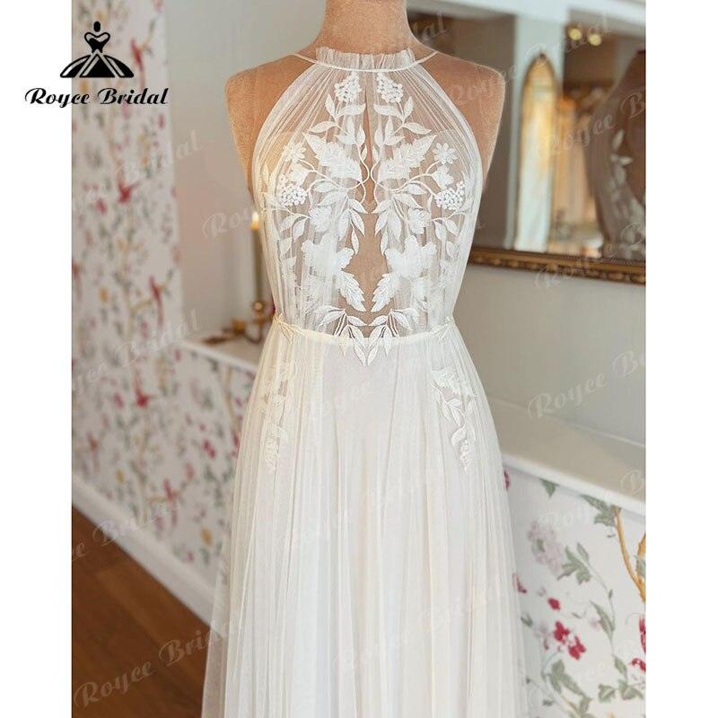 Vestido de novia de tul con cuello halter hasta el suelo, apliques de encaje vintage, corte A, para bodas en la playa, confeccionado a medida (robe de mariage)