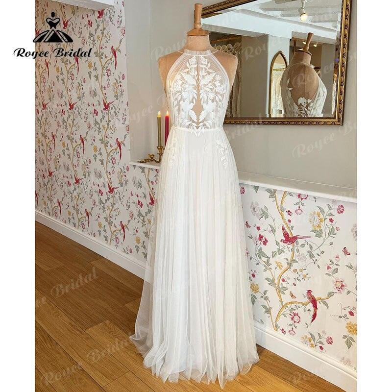NumberSea-Vintage Lace Appliques Floor Length Tulle Halter Neck Wedding Dress A Line Beach 2025 Wedding Gowns Custom Made robe de mariage White /