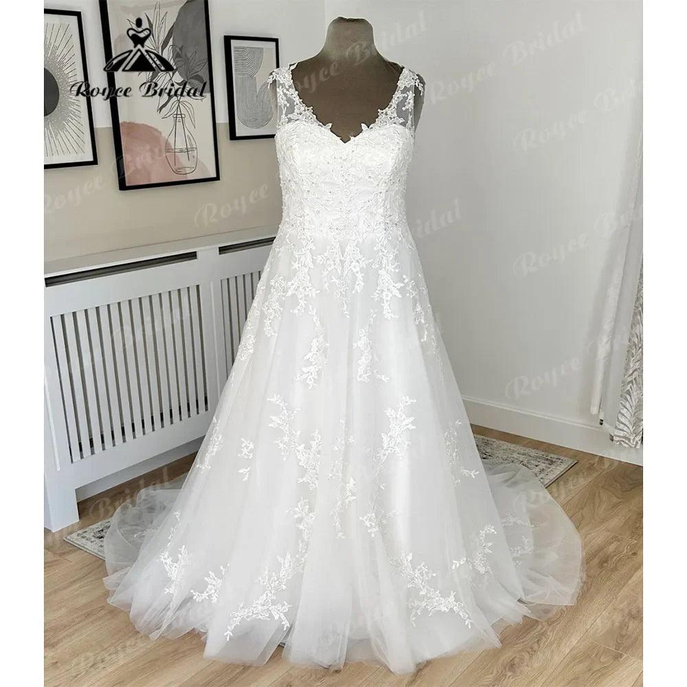 Vestido de novia NumberSea vintage con apliques de encaje y espalda ilusión, escote en V, para mujer, 2024 