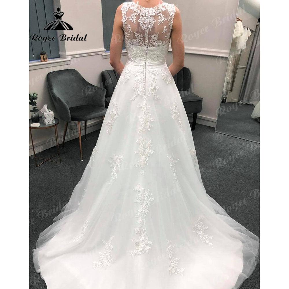 Vestido de novia vintage de encaje con apliques, sin mangas y cinturón, espalda ilusión, 2024 