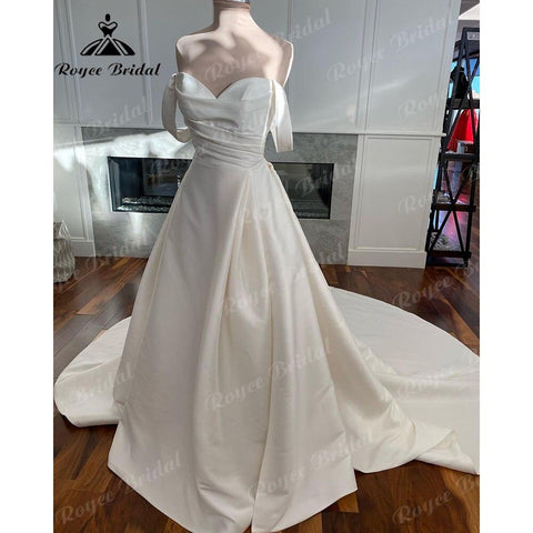 NumberSea Vintage Off the Shoulder Satin Sweetheart Neckline Pleats Wedding Dress with Cap Short Sleeve 2025 Bridal Gowns robe de mariée
