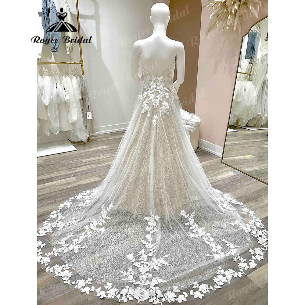 Vestido de novia vintage con escote pronunciado, encaje floral, champán, espalda abierta, estilo bohemio, para mujer, 2025, con tirantes finos, vestido de novia sexy