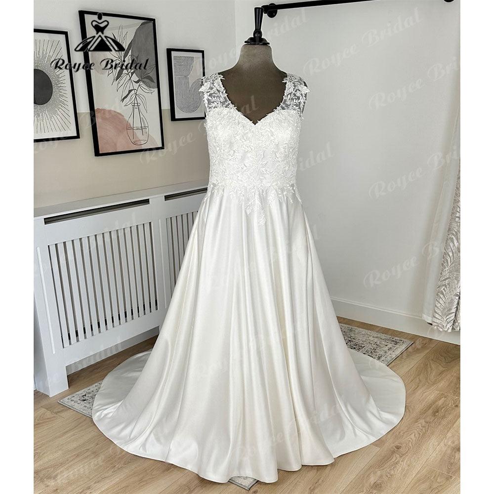 Vestido de novia NumberSea Vintage de talla grande con corpiño de encaje de satén suave, corte A, cuello en V, para mujer 2024, espalda ilusión, vestidos de noche 