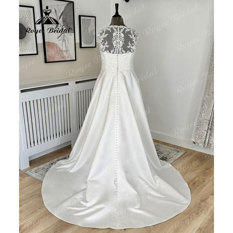 NumberSea Vintage Plus Size Soft Satin Lace Bodice A Line V Neck Wedding Dress for Women 2024 Illusion Back Bridal Gown vestidos de noche