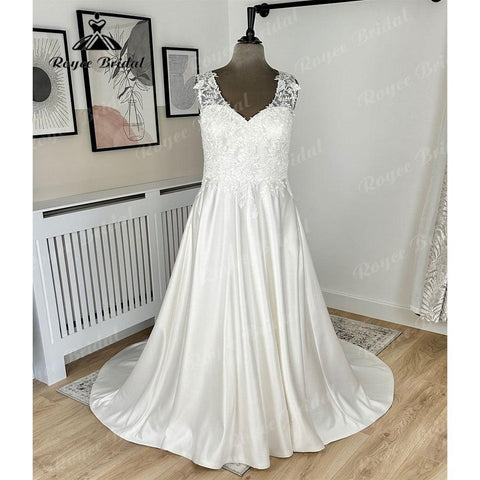 NumberSea Vintage Plus Size Soft Satin Lace Bodice A Line V Neck Wedding Dress for Women 2024 Illusion Back Bridal Gown vestidos de noche