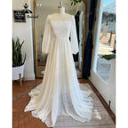 Vintage Princess Polka Dot Tulle Puff Long Sleeve Beach A Line Wedding Gown Open Back Square Collar Neckline Floor-Length&nbsp;