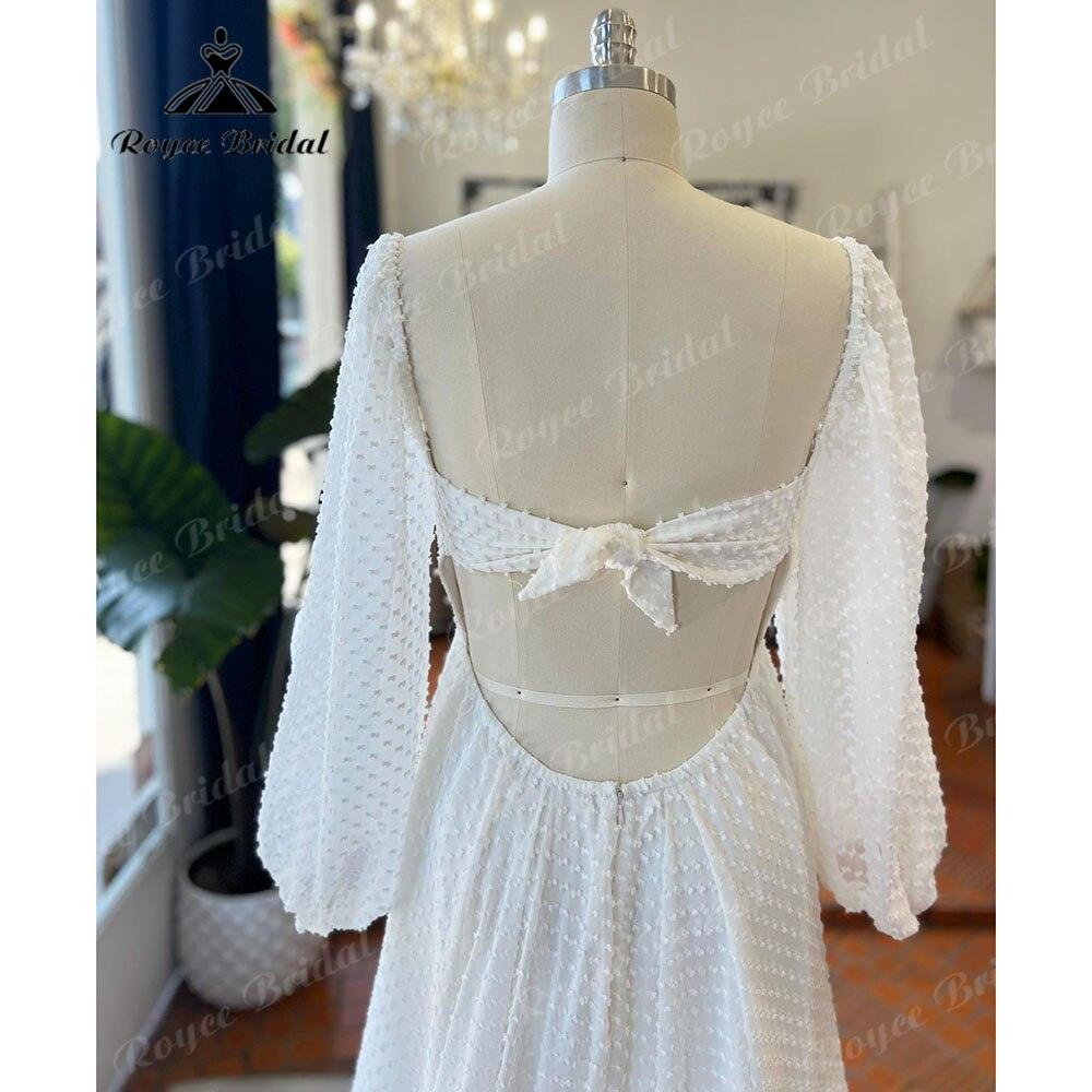 Vestido de novia vintage estilo princesa con lunares, tul abullonado, manga larga, corte A, espalda abierta, cuello cuadrado, largo hasta el suelo, 2025 