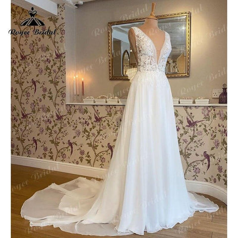 NumberSea Vintage Sleeveless Beach Wedding Dress Deep V Neck Lace Floral Chiffon Backless Boho Bridal Gowns Vestido De Noiva Custom Made