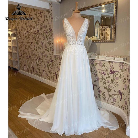 NumberSea Vintage Sleeveless Beach Wedding Dress Deep V Neck Lace Floral Chiffon Backless Boho Bridal Gowns Vestido De Noiva Custom Made