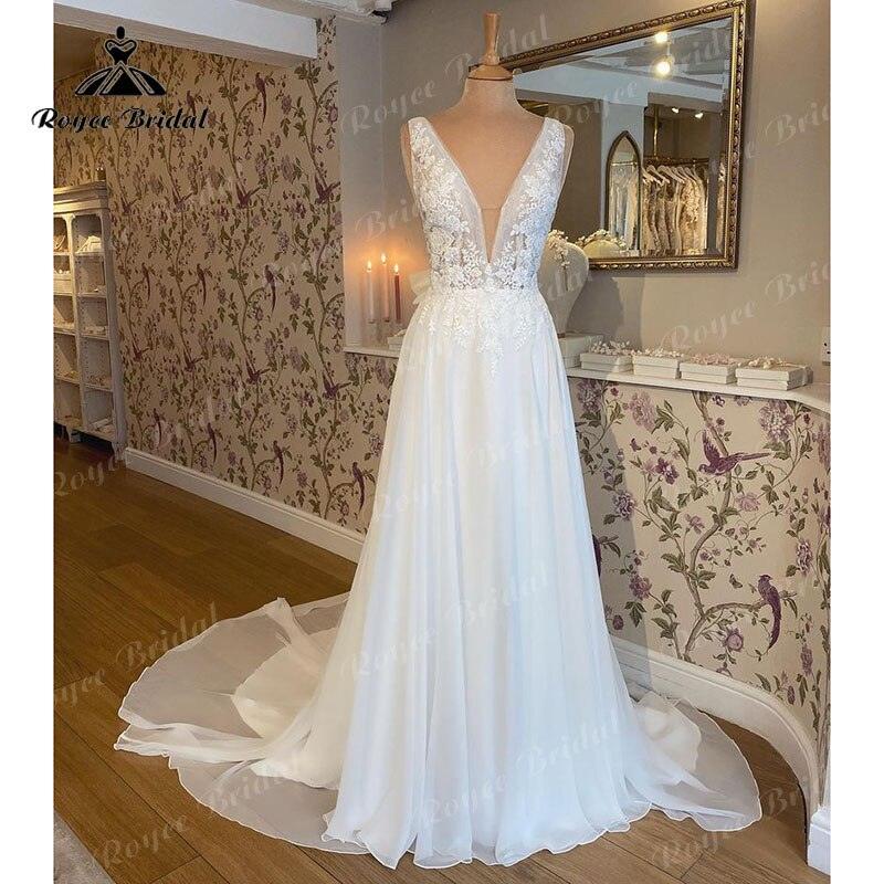 Vestido de novia vintage sin mangas para playa, escote en V profundo, encaje floral, gasa, espalda descubierta, estilo bohemio, hecho a medida