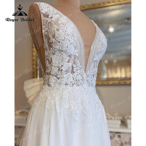 Vintage Sleeveless Beach Wedding Dress Deep V Neck Lace Floral Chiffon Backless Boho Bridal Gowns Vestido De Noiva Custom Made