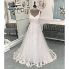 Vintage Spaghettiträger-Brautkleid mit Spitzenapplikationen, V-Ausschnitt, rückenfrei, Brautkleid, Damen Abendkleid Sexy