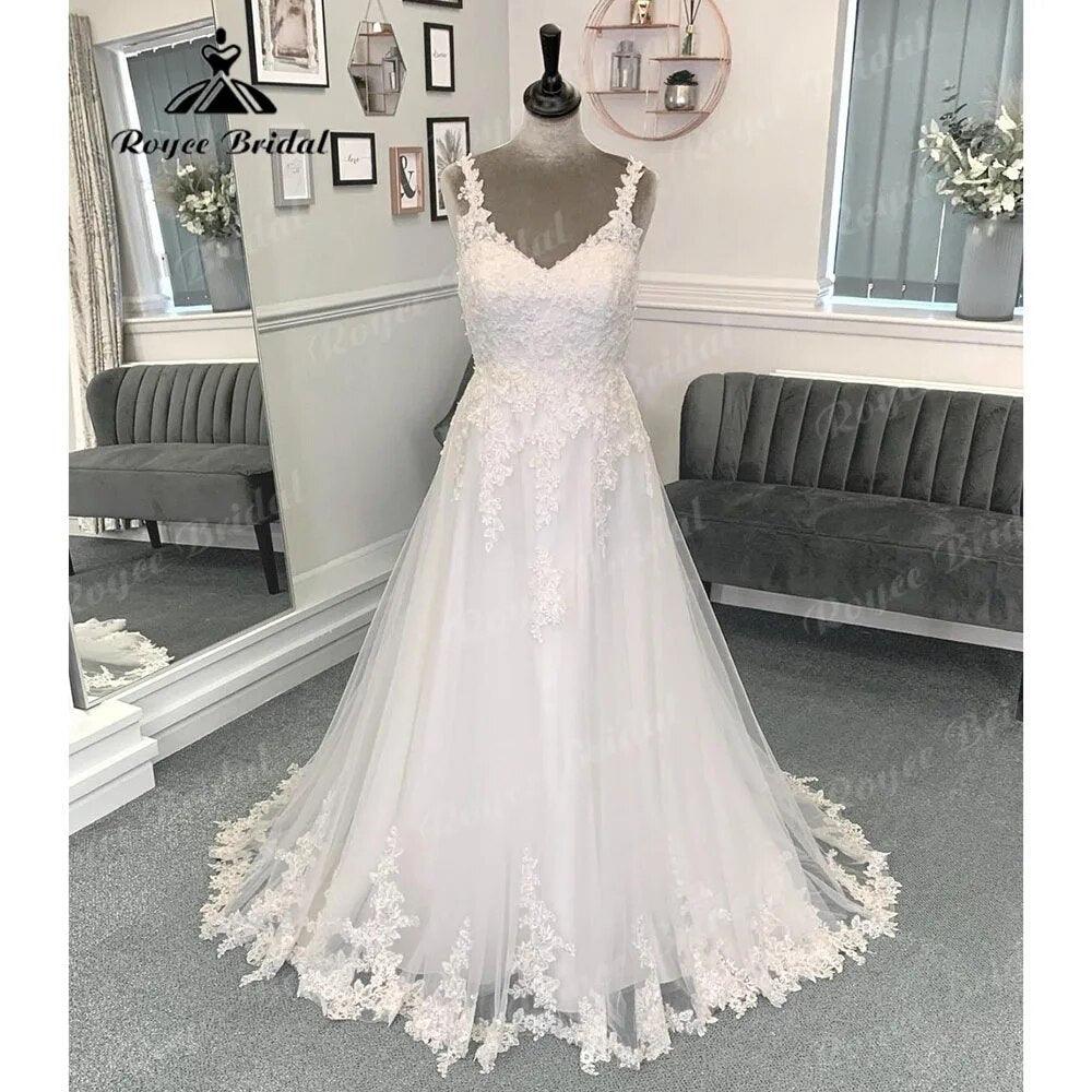 Vintage Spaghettiträger-Brautkleid mit Spitzenapplikationen, V-Ausschnitt, rückenfrei, Brautkleid, Damen Abendkleid Sexy
