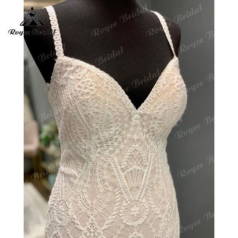 NumberSea Vintage V-Ausschnitt Spitze Spaghetti-Trägern Meerjungfrau/Trompete Boho Hochzeitskleid 2025 Brautkleider Nach Maß Robe Mariage Zivil Sexy