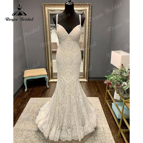 NumberSea Vintage V-Ausschnitt Spitze Spaghetti-Trägern Meerjungfrau/Trompete Boho Hochzeitskleid 2025 Brautkleider Nach Maß Robe Mariage Zivil Sexy