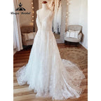 Vintage Women A Line Beach Lace Wedding Dress Open Back Off White Wedding Gowns for Bride Brautkleider NumberSea