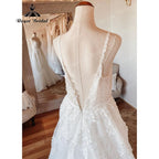 Vintage Women A Line Beach Lace Wedding Dress Open Back Off White Wedding Gowns for Bride Brautkleider NumberSea