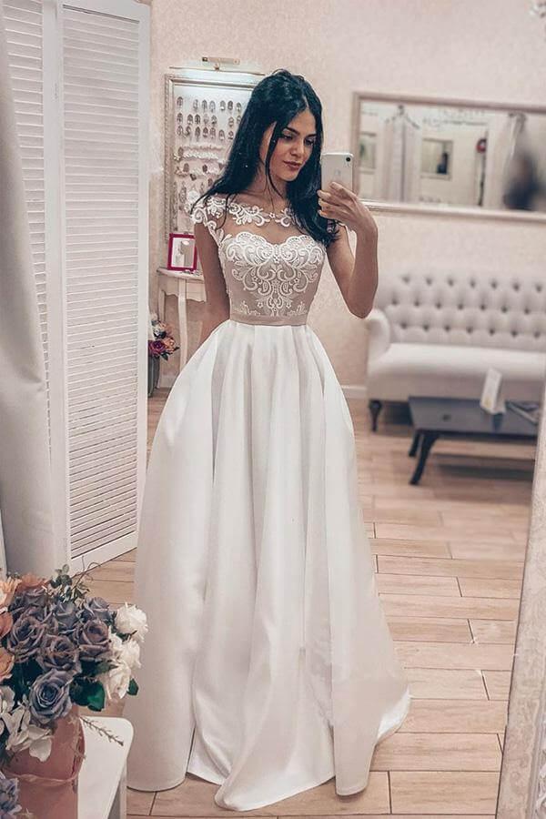 Vestidos de novia vintage NumberSea con corte A, satén, encaje, corpiño, cuello barco, espalda con corsé