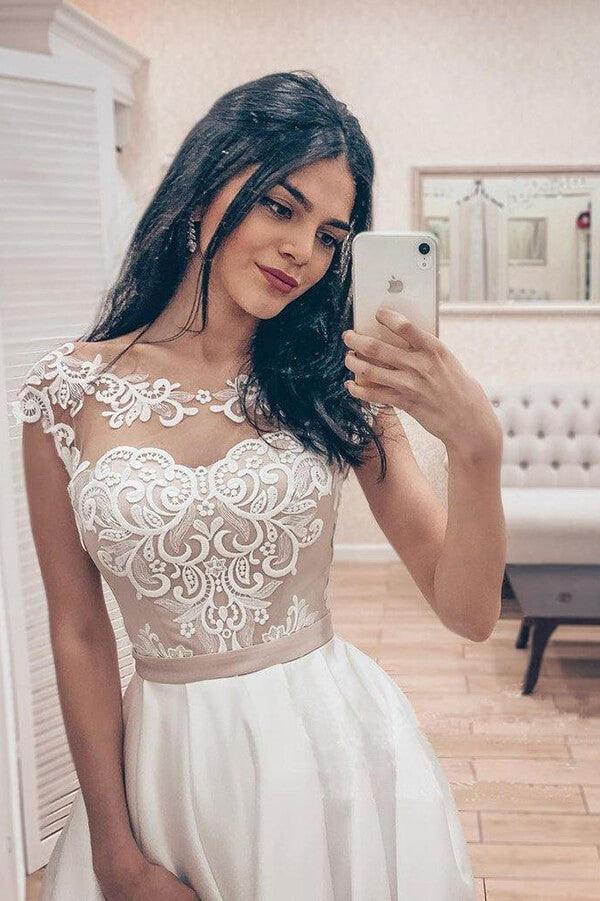 Vestidos de novia vintage NumberSea con corte A, satén, encaje, corpiño, cuello barco, espalda con corsé