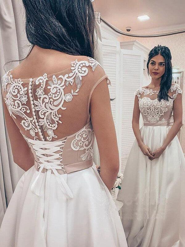 Vestidos de novia vintage NumberSea con corte A, satén, encaje, corpiño, cuello barco, espalda con corsé