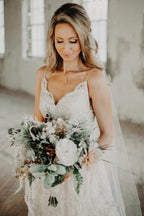 NumberSea Vintage Beaded A-line V-neck Spaghetti Straps Lace Wedding Dresses