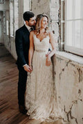 NumberSea Vintage Beaded A-line V-neck Spaghetti Straps Lace Wedding Dresses