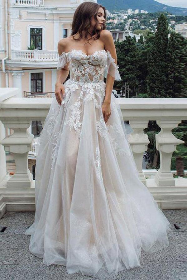 Vestidos de novia de playa con escote en A, de encaje vintage y hombros descubiertos de NumberSea