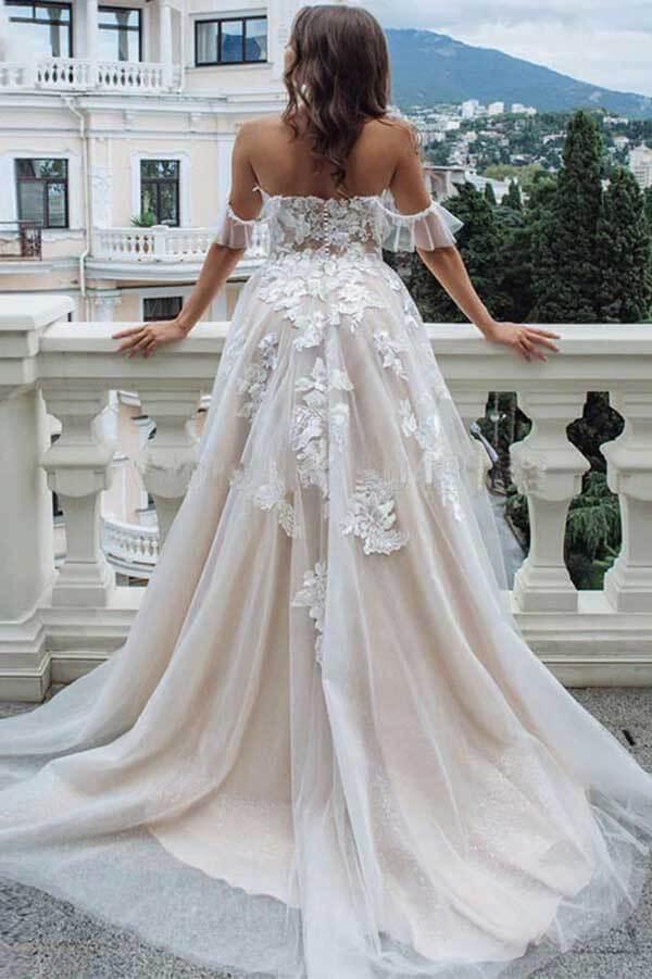 Vestidos de novia de playa con escote en A, de encaje vintage y hombros descubiertos de NumberSea