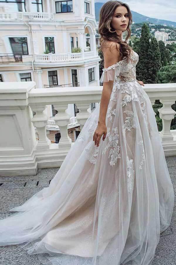 Vestidos de novia de playa con escote en A, de encaje vintage y hombros descubiertos de NumberSea