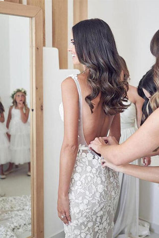 NumberSea Vintage Lace Mermaid Beaded Deep V Neck Wedding Dress, Bridal Gown, MW558