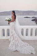 NumberSea Vintage Lace Mermaid Beaded Deep V Neck Wedding Dress, Bridal Gown, MW558