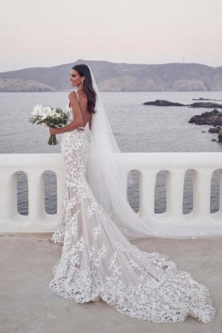 NumberSea Vintage Lace Mermaid Beaded Deep V Neck Wedding Dress, Bridal Gown, MW558