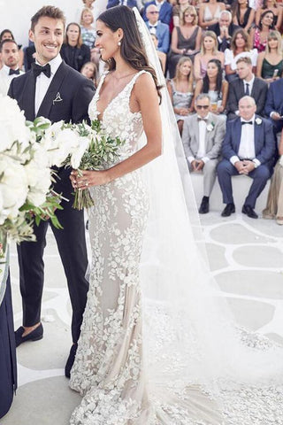 NumberSea Vintage Lace Mermaid Beaded Deep V Neck Wedding Dress, Bridal Gown, MW558