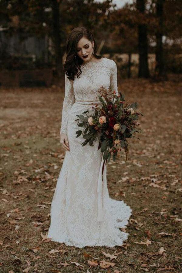 NumberSea Vintage Long Sleeves Lace Mermaid Backless Wedding Dress, Bridal Gown