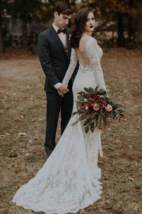 NumberSea Vintage Long Sleeves Lace Mermaid Backless Wedding Dress, Bridal Gown